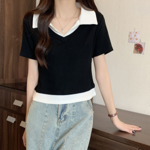 RM6937#新款韩版拼色POLO领百搭显瘦设计感短袖T恤上衣