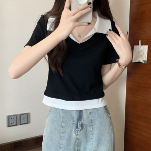 RM6937#新款韩版拼色POLO领百搭显瘦设计感短袖T恤上衣