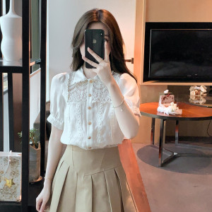 RM5630#夏季新款蕾丝拼接雪纺泡泡袖上衣女设计感小众百搭衬衫