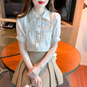 RM5630#夏季新款蕾丝拼接雪纺泡泡袖上衣女设计感小众百搭衬衫