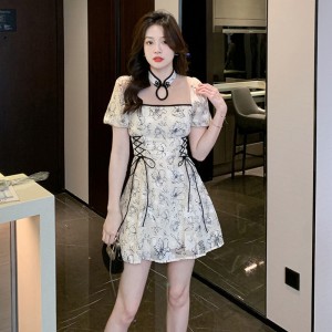 RM20340#新中式国风复古改良旗袍泡泡袖小众设计感收腰显瘦短袖连衣裙