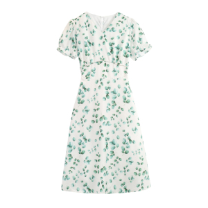 RM13219#夏装新款雪纺印花中长裙子女装绿色碎花订钻气质连衣裙夏