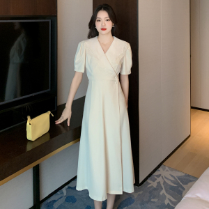 RM5566#夏季新款法式V领荷叶边大翻领收腰显瘦长款连衣裙