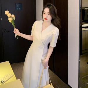 RM5566#夏季新款法式V领荷叶边大翻领收腰显瘦长款连衣裙