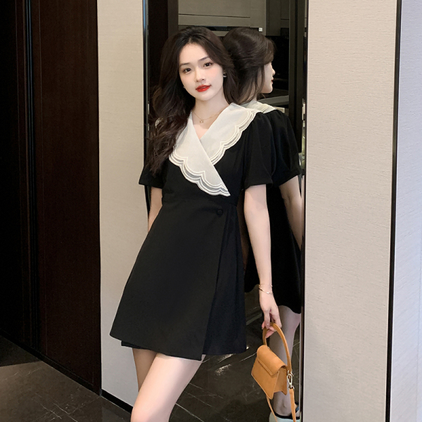 RM5567#夏季新款时尚V领大翻领收腰显瘦短款A字连衣裙