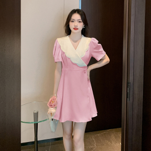 RM5567#夏季新款时尚V领大翻领收腰显瘦短款A字连衣裙