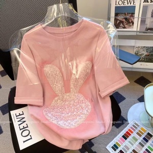 RM5919#设计感小众粉色T恤女短袖2023夏季新款休闲百搭兔子正肩上衣