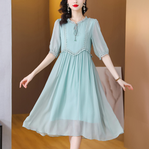 RM5740#年轻款刺绣真丝连衣裙女2023春夏新款中长款桑蚕丝宽松七分袖裙子