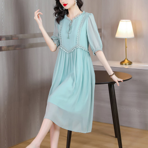 RM5740#年轻款刺绣真丝连衣裙女2023春夏新款中长款桑蚕丝宽松七分袖裙子