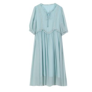 RM5740#年轻款刺绣真丝连衣裙女2023春夏新款中长款桑蚕丝宽松七分袖裙子