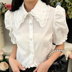 TR24714# 气质淑女夏季女装纯色法式公主袖上衣白色单排扣短款显瘦开衫