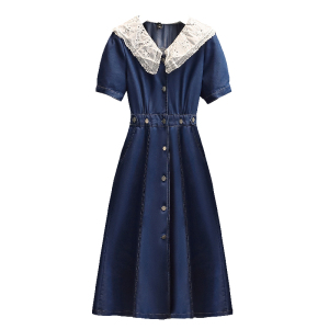 RM5621#大码女装2023夏季新款设计感时尚洋气拼接连衣裙娃娃领牛仔裙