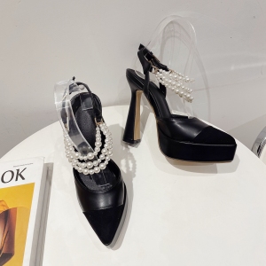 X-29278# 富家千金系列新款珍珠链条粗高跟女凉鞋35-42 鞋子批发女鞋货源