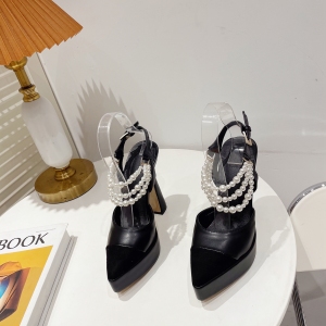 X-29278# 富家千金系列新款珍珠链条粗高跟女凉鞋35-42 鞋子批发女鞋货源