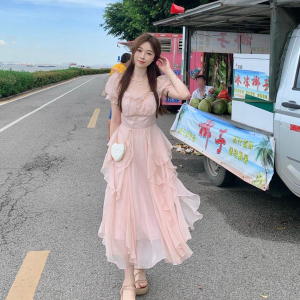 RM17112#法式方领甜美温柔仙女风连衣裙女夏季新款女装收腰显瘦中长款裙子