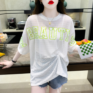 TR19834# 韩版夏季新款纯棉短袖T恤女装圆领两件套网纱刺绣上衣 服装批发女装服饰货源