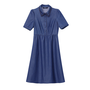 RM5840#法式牛仔蓝连衣裙女夏季2023新款气质收腰显瘦衬衫式裙子短袖