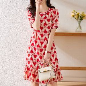 RM7219#韩版时尚气质女人爱心印花雪纺薄款连衣裙显瘦短袖裙夏季