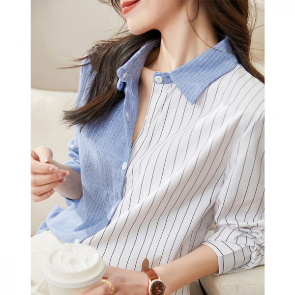 RM6890#新款韩版时尚拼接撞色条纹女式衬衫百搭休闲单排扣长袖衬衣女
