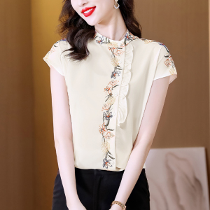 RM8133#印花T恤丝质感丝绸衬衫2023年夏装新款木耳翻边气质短袖上衣