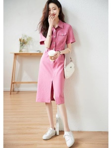 TR22078# 夏新款法式设计感小众复古Polo领粉色显瘦休闲衬衫连衣裙女 服装批发女装服饰货源