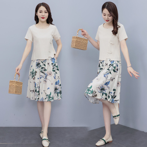 RM5626#印花棉麻连衣裙套装女2023夏季新款小个子气质减龄裙子两件套