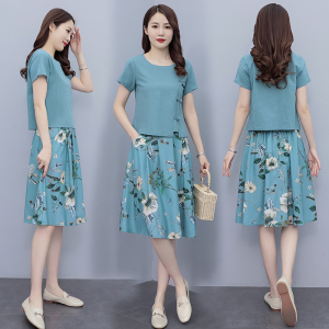 RM5626#印花棉麻连衣裙套装女2023夏季新款小个子气质减龄裙子两件套