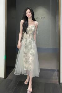 RM20316#唯美花朵印花吊带连衣裙女夏季气质设计感绝美网纱中长裙子