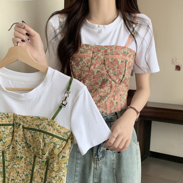 RM5849#新款韩版设计感碎花吊带拼接白色T恤假两件短袖上衣