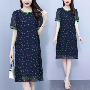 RM14075#大码女装2023夏季新款时尚遮肉显瘦气质圆领雪纺中长款连衣裙