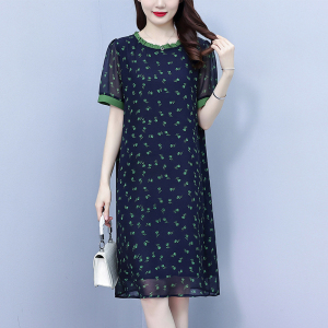 RM14075#大码女装2023夏季新款时尚遮肉显瘦气质圆领雪纺中长款连衣裙