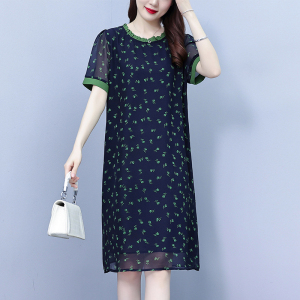 RM14075#大码女装2023夏季新款时尚遮肉显瘦气质圆领雪纺中长款连衣裙