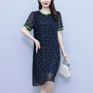 RM14075#大码女装2023夏季新款时尚遮肉显瘦气质圆领雪纺中长款连衣裙