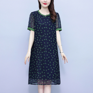 RM14075#大码女装2023夏季新款时尚遮肉显瘦气质圆领雪纺中长款连衣裙