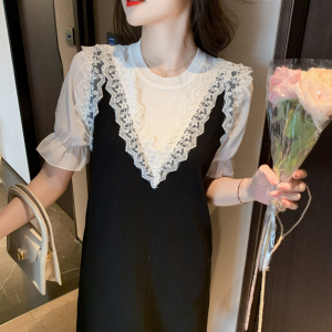 RM5834#夏季新款圆领韩版连衣裙假两件显瘦冰丝短袖宽松中长裙