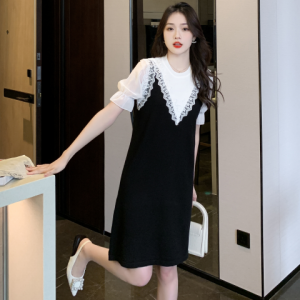 RM5834#夏季新款圆领韩版连衣裙假两件显瘦冰丝短袖宽松中长裙