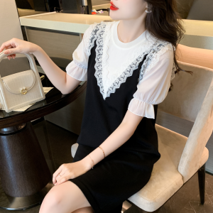 RM5834#夏季新款圆领韩版连衣裙假两件显瘦冰丝短袖宽松中长裙
