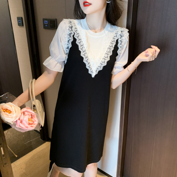 RM5834#夏季新款圆领韩版连衣裙假两件显瘦冰丝短袖宽松中长裙