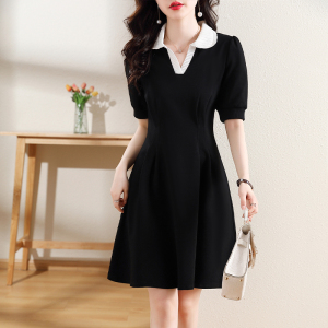 RM5838#夏季新款法式茶歇娃娃V领短袖黑色连衣裙子
