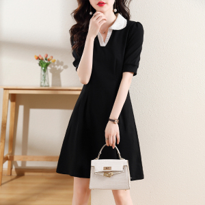 RM5838#夏季新款法式茶歇娃娃V领短袖黑色连衣裙子