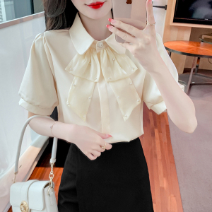 RM6339#夏季新款韩版欧根纱钉珠气质娃娃领百搭气质短袖衬衫