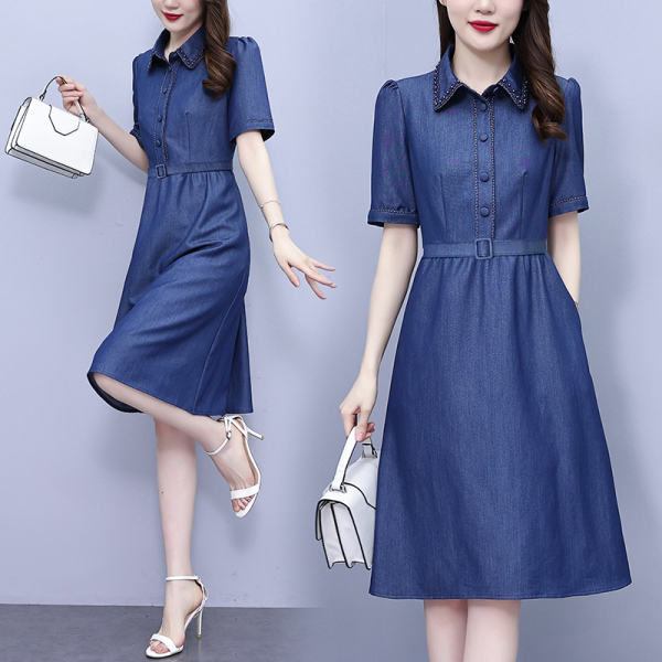 RM5840#法式牛仔蓝连衣裙女夏季2023新款气质收腰显瘦衬衫式裙子短袖