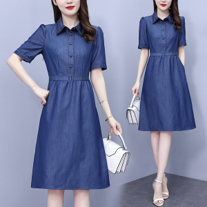 RM5840#法式牛仔蓝连衣裙女夏季2023新款气质收腰显瘦衬衫式裙子短袖