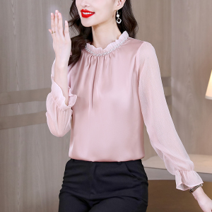 RM22415#法式衬衫女春季设计感高级雪纺衫2023新款立领上衣珍珠打底衫
