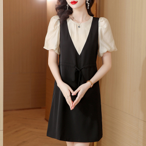 RM10516#赫本风黑色泡泡袖假两件收腰显瘦气质连衣裙女欧洲站2023夏季新款