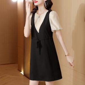 RM10516#赫本风黑色泡泡袖假两件收腰显瘦气质连衣裙女欧洲站2023夏季新款