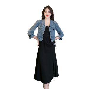 RM6326#新款小个子时尚减龄气质七分袖蓝色牛仔外套背心裙两件套