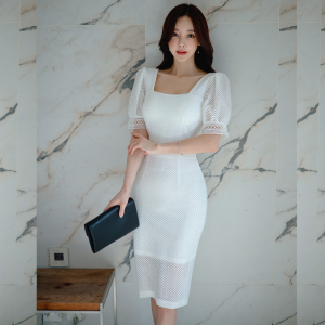 Square Neck Bubble Sleeve Mid length Sexy Wrap Hip Lace Dress