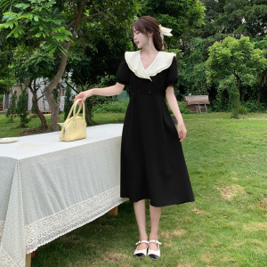 RM6150#大码女装胖MM法式设计感气质撞色荷叶领收腰显瘦连衣裙