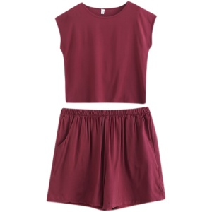 RM8484#夏季新款时尚棉绸套装女纯色短袖上衣+短裤两件套